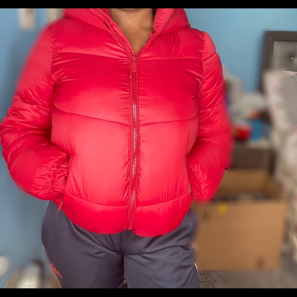 Red puffer jacket
